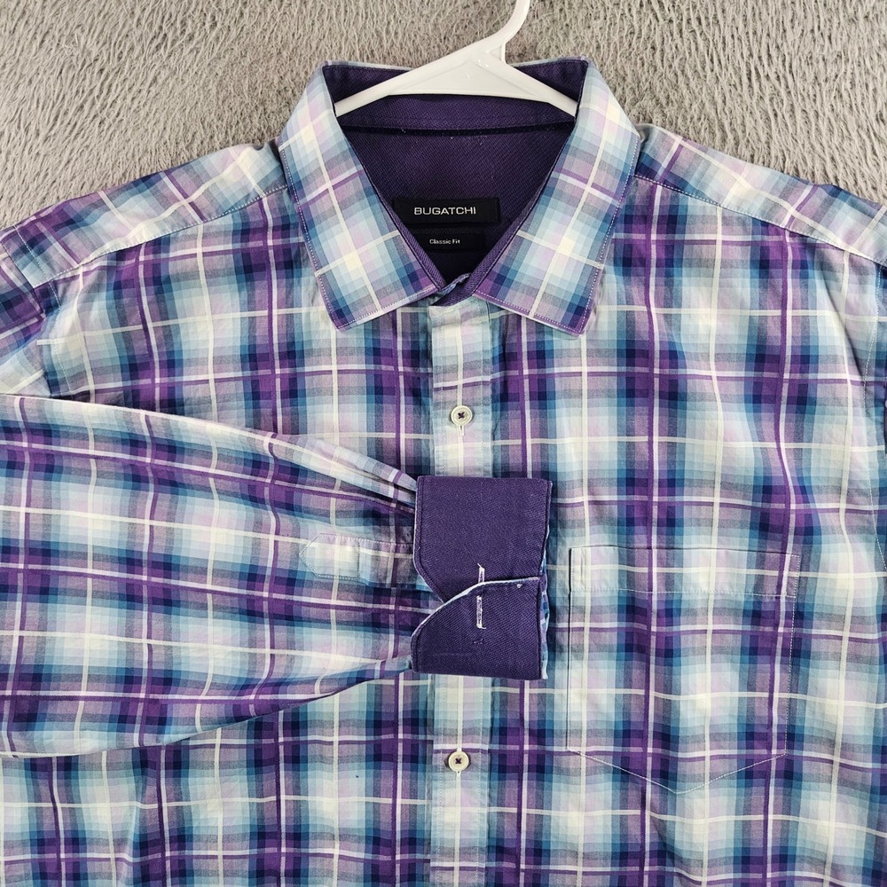 Bugatchi‎ Mens Classic Fit Long Sleeve Plaid Button Up Shirt Purple Blue XL